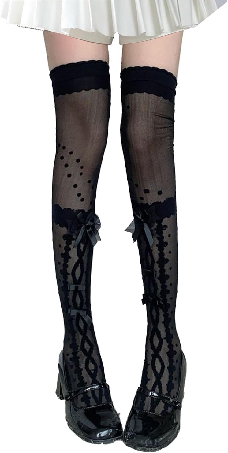 Ninejuize Thigh High Stockings with Bow, Santa Accessory Y2K Fishnet Socks with Lace Brim Lingerie Tights for Women - Image 1